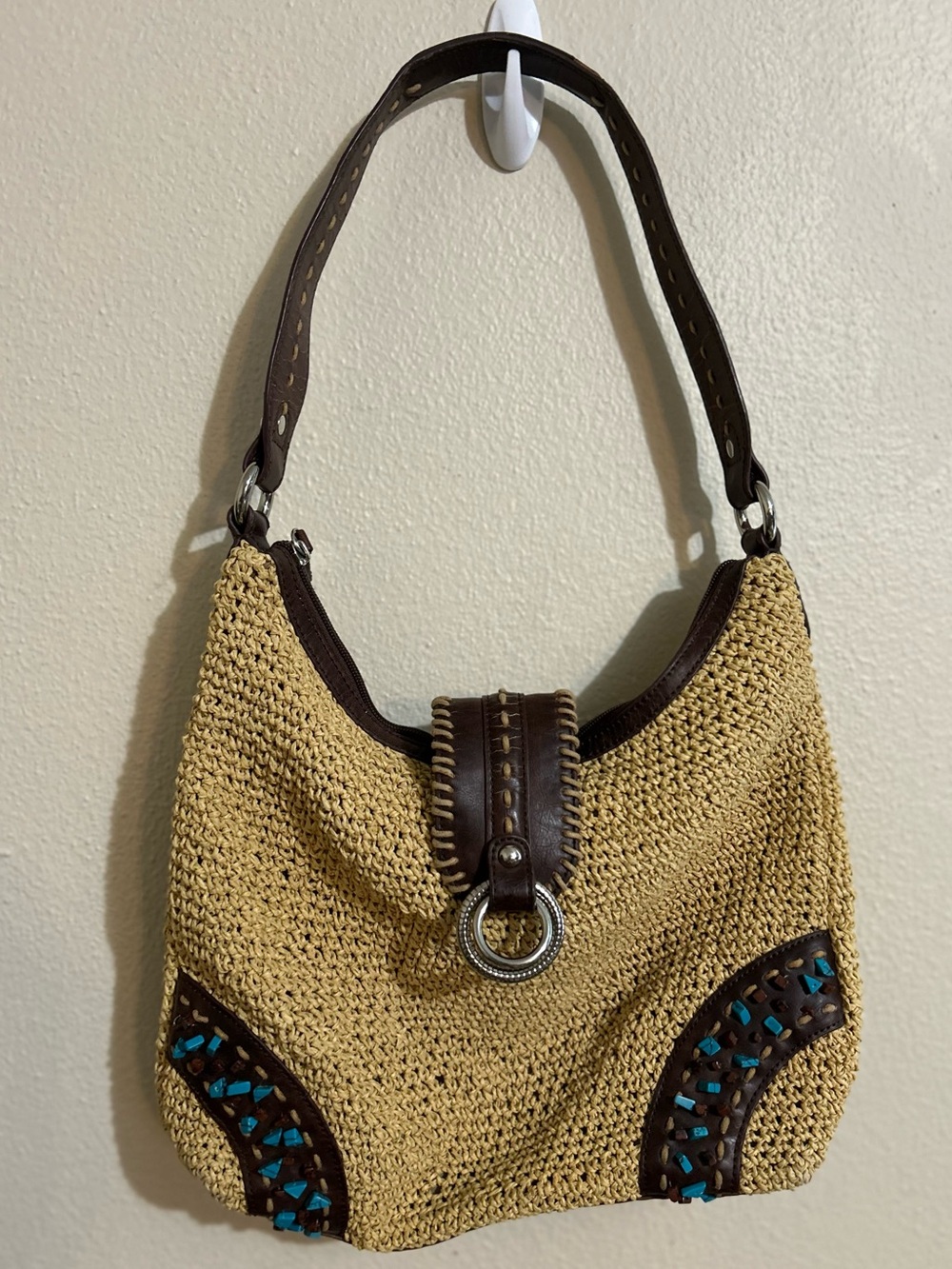 Laura Ashley Boho Straw Brown Leather Hobo Bag Turquoise Accents Y2K